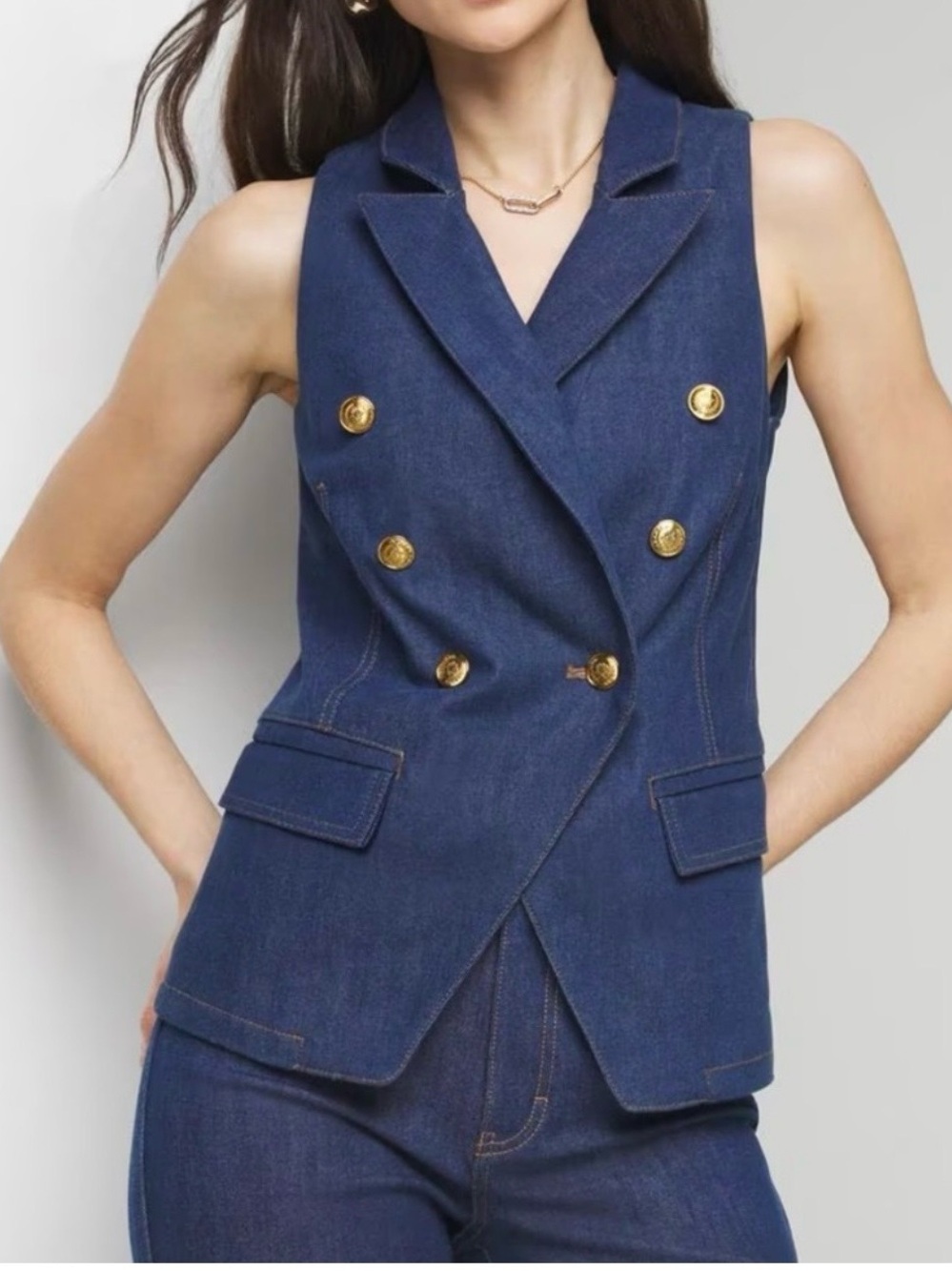 White House Black Market Navy Double-Breasted Sleeveless Denim Vest